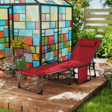 Outsunny Folding Sun Lounger with 5-Level Reclining Back, Removable Pillow, Side Table & Pocket, Red - 84G-721V00RD