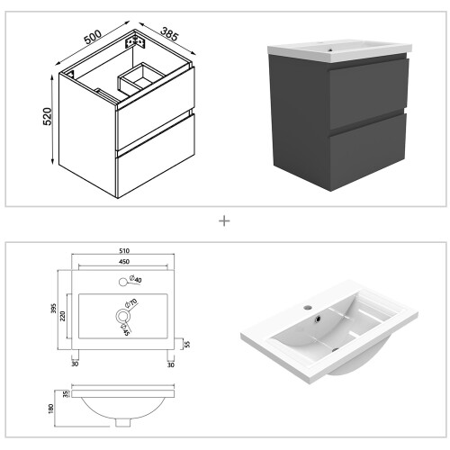 AICA (High gloss grey) Wall Hung Bathrooms Vanity Units with Ceramic Basin High Gloss White/Grey 2