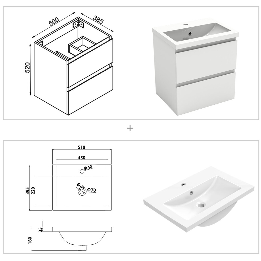 (High Gloss white) Wall Hung Bathroom Vanity Units With Resin Sink High Gloss White/Grey