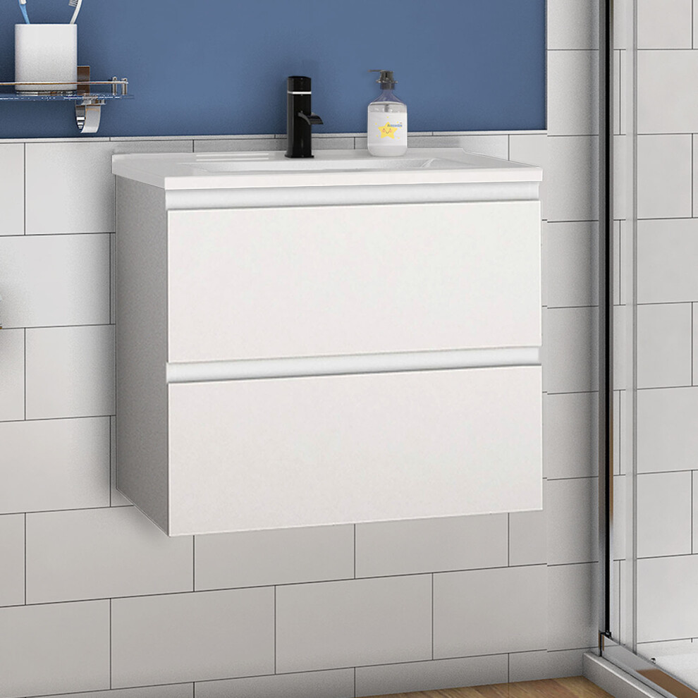 (Thick ceramic basin) High Gloss White 600mm Bathrooms Vanity Units with Basin Wall Mounted