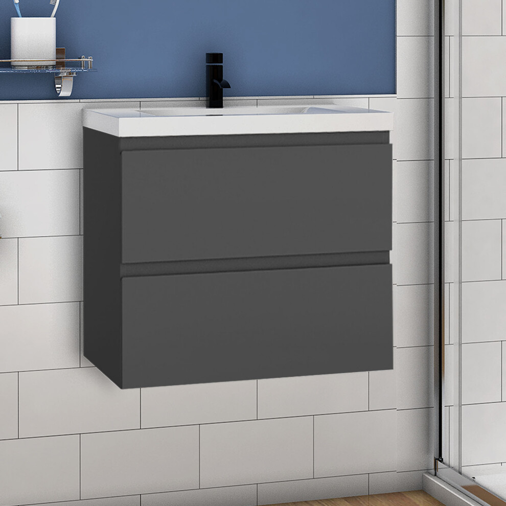 Photos - Washbasin cabinet  High Gloss Grey 600mm Bathrooms Vanity Units with Basin Wall Mounted(Thick ceramic basin)