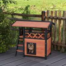 PawHut Cat House Outdoor Kitten Shelter Puppy Kennel w/ Balcony Stairs Roof