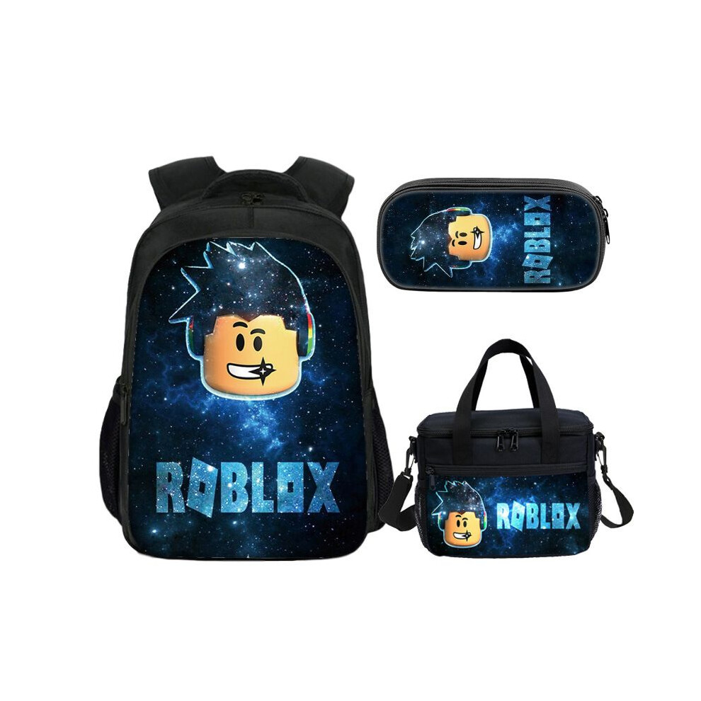 (Blue) Backpack 3Pcs Roblox Double Sides Lunch Bag Pencil Case Bag Schoolbag Computer Blue