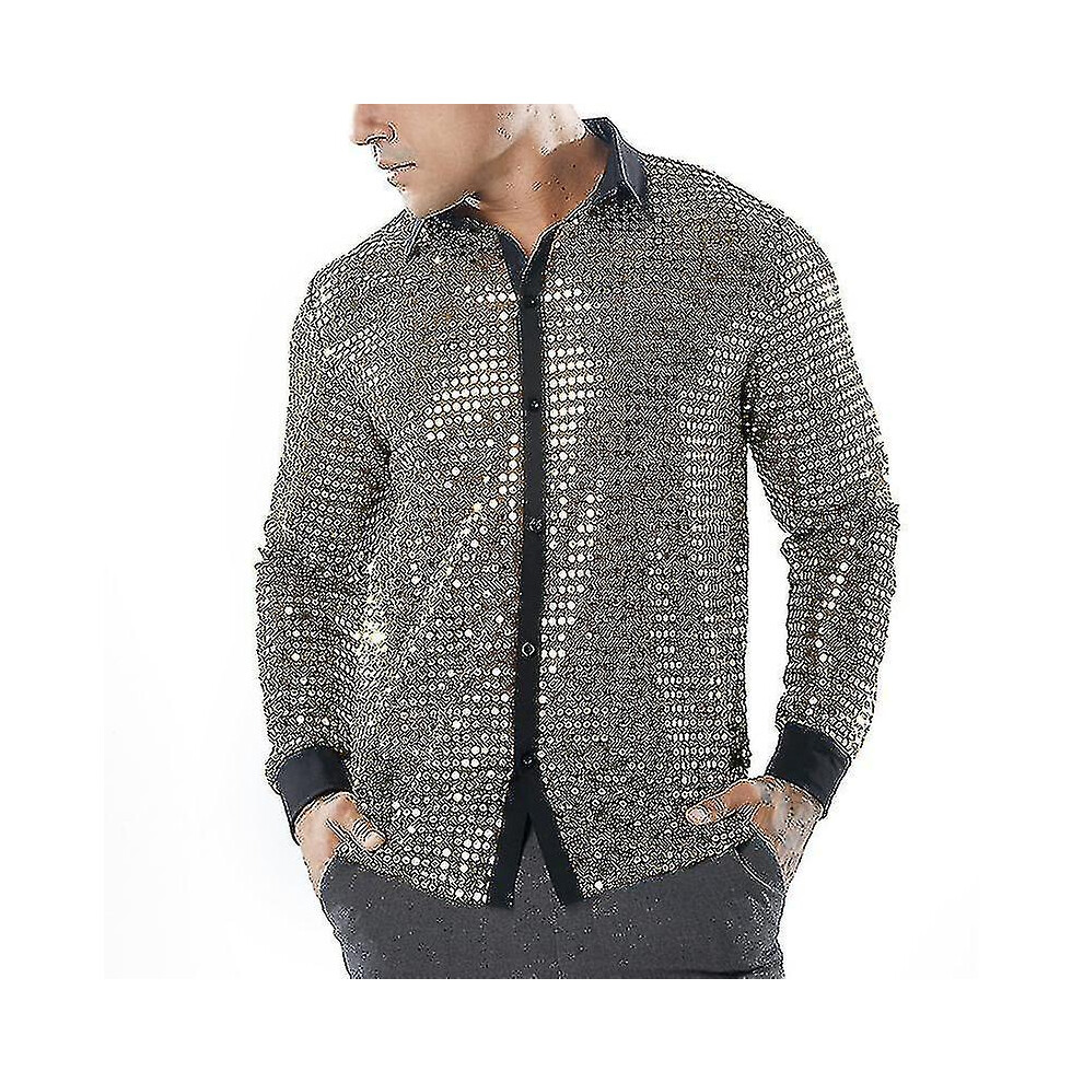 (XL,or)Top en maille pailletée pour homme, 60s 70s Disco Dance Shirt
