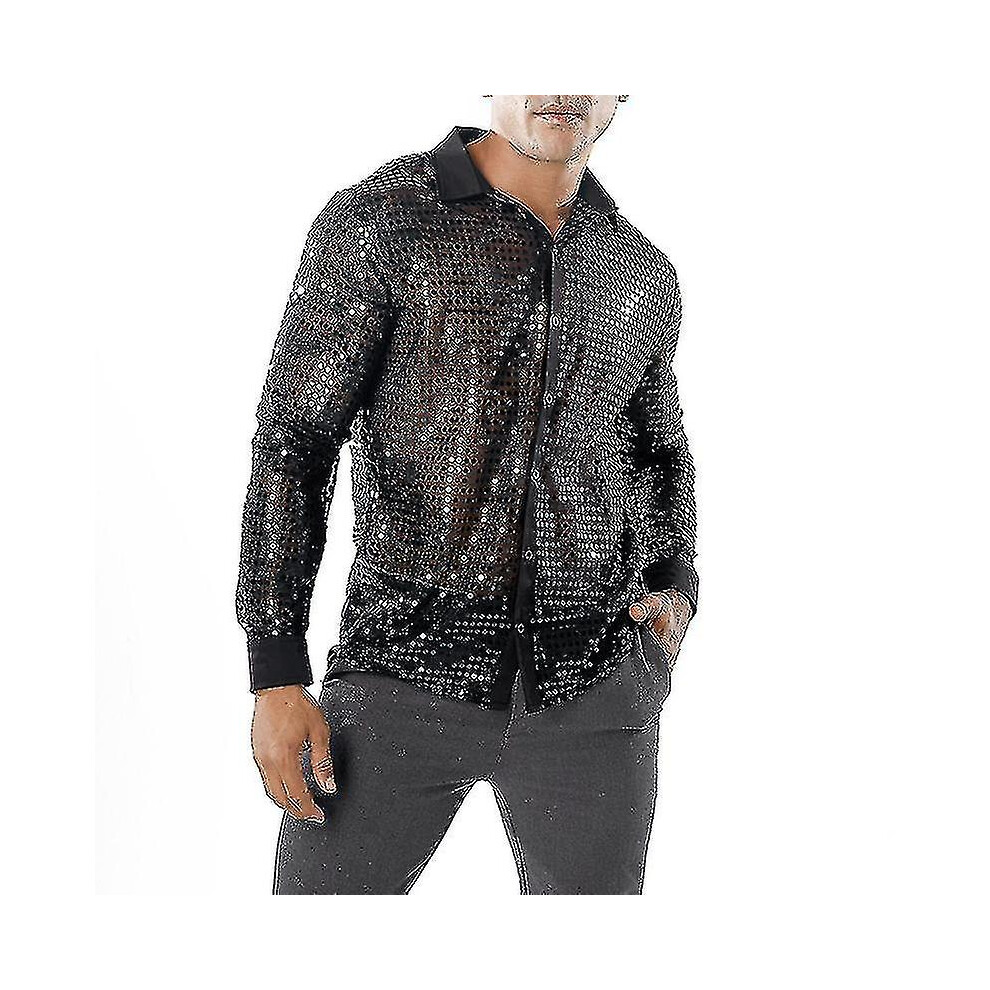 (M,noir)Top en maille pailletée pour homme, 60s 70s Disco Dance Shirt