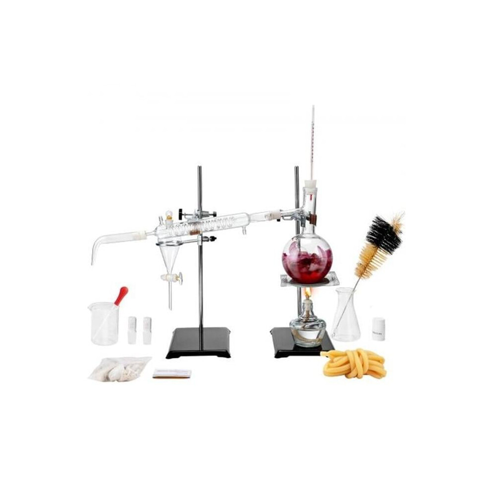 Vevor SYSZLTJJPJJDI3Z20V0 500ml Apparatus 3.3 Boro Lab Glassware Essential Oil Distillation Kit with Alcohol Lamp - 28 Piece
