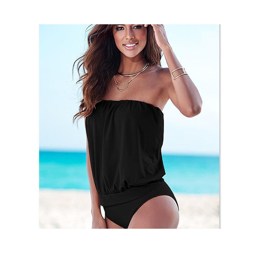 (Black, XXL) Women Strapless Beachwear Bandage Bodysuit Onepiece Swimwear Dress Swimsuit