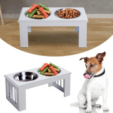 PawHut Raised Dog Bowl Stand with 2 Stainless Steel Bowls, Elevated White MDF Feeder D08-015WT