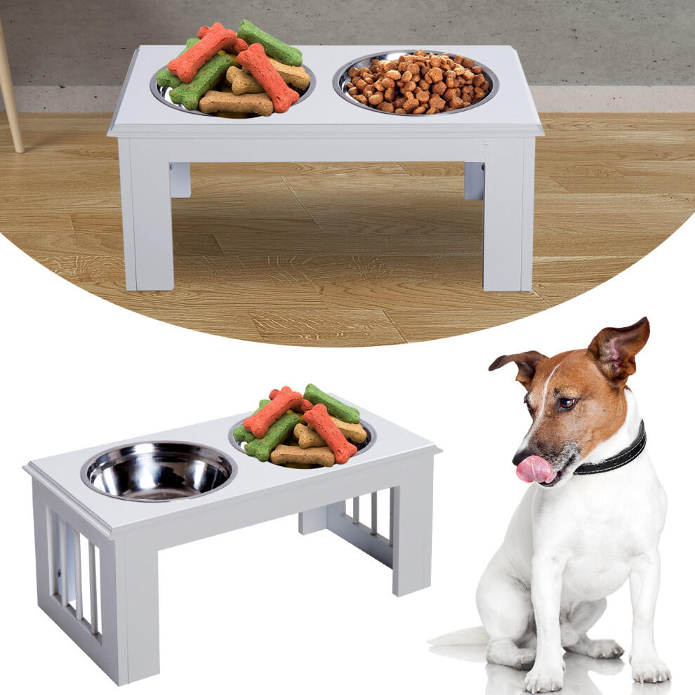 Pawhut Raised Dog Bowl Stand With 2 Stainless Steel Bowls, Elevated White Mdf Feeder D08-015Wt