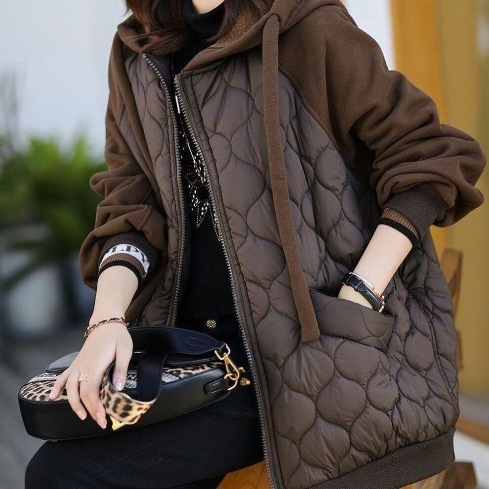 (coffee, 2XL) Large Size Hooded Stitching Down Padded Jacket Thick Jacket Padded Jacket Fashion Large Size Loose Fashion Women&apos;s Clothing