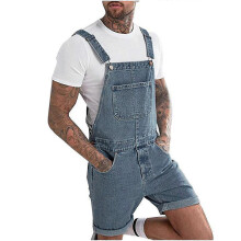 (2XL,Blue)Hommes Casual Fashion Solid Breast Pocket Denim Ripped Shorts Straight Type Overalls