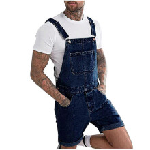 (3XL,Dark Blue)Hommes Casual Fashion Solid Breast Pocket Denim Ripped Shorts Straight Type Overalls