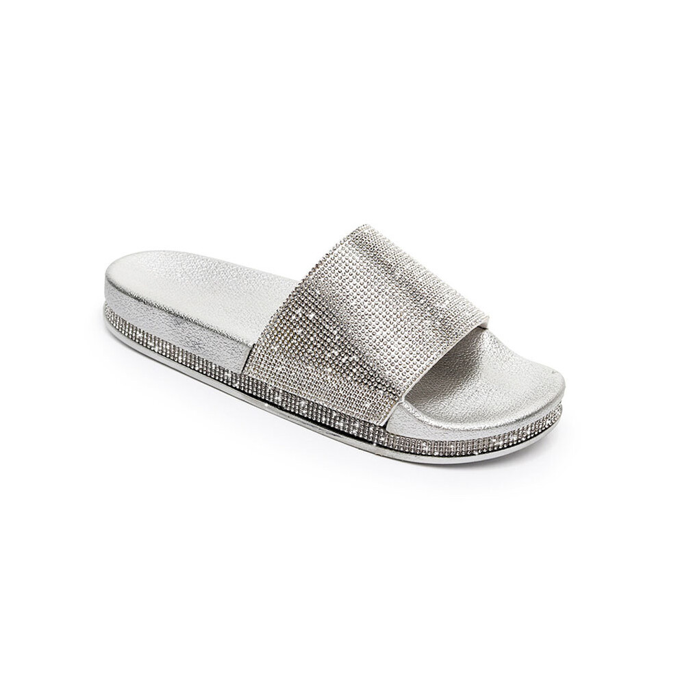 (Silver, 38) Womens Slip Ladies On Diamante Sliders Slippers Sparkly Sandals Essex Shoe Size