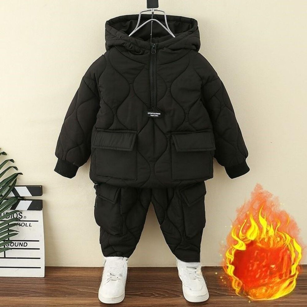 (black, 110cm) Winter Girls Boys Clothing Sets  Children Warm Thick Jackets Pants Suit Boy Coats Trousers Kids Tracksuit Outfit