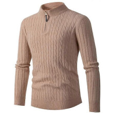 (L,khaki)Men's Autumn Winter Cable  Cotton Knit Sweaters Zipper Mock Neck Pullovers