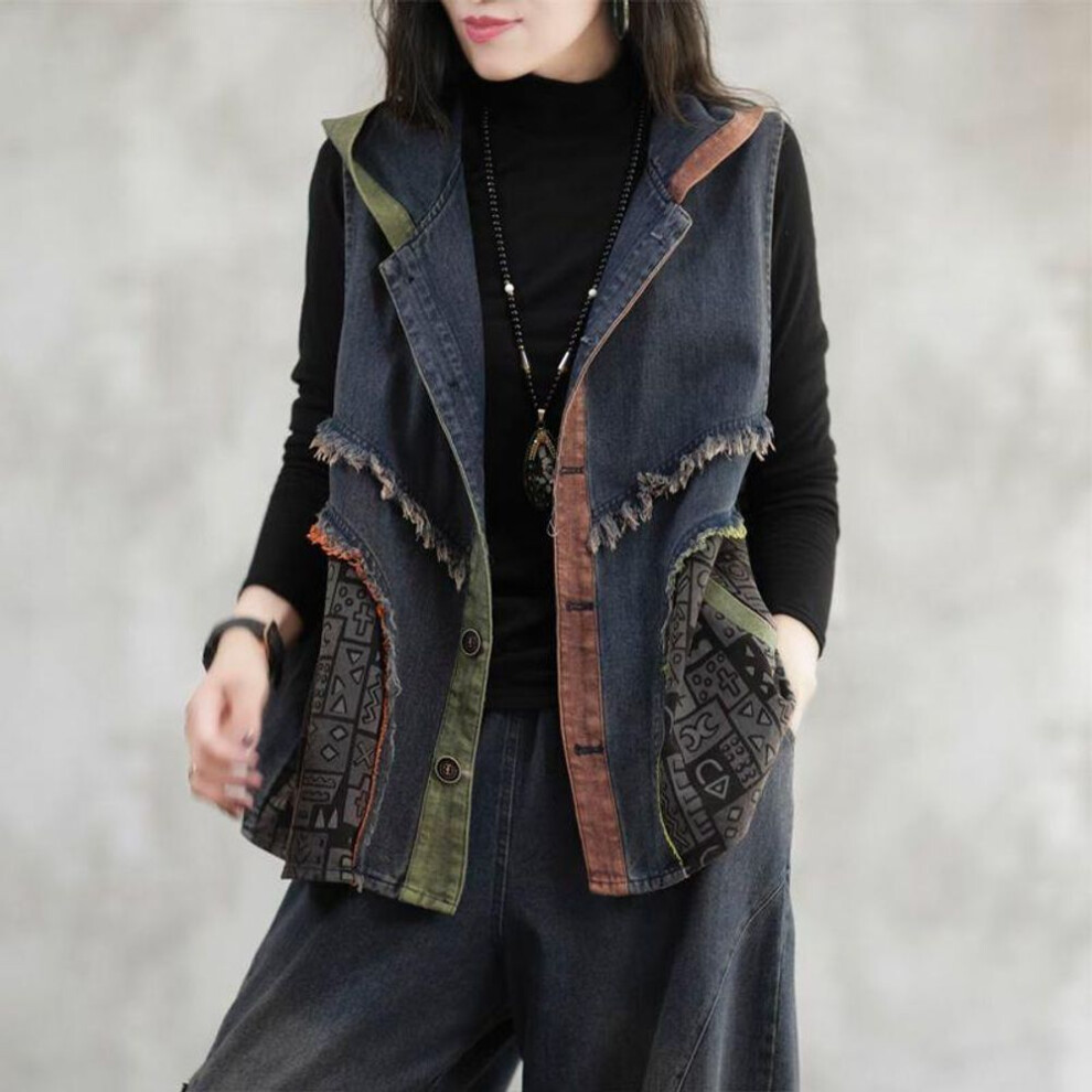 (blue, L) Spring Women&apos;s Fashion Splicing Loose Retro Hooded Denim Vest