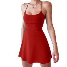 (S,Red)Women's Summer Casual Tennis Backless Mini Dress with Shorts
