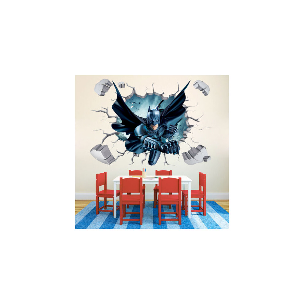 3D Broken Wall Batman & Superman Building Burning Decal - Dynamic Wall Art Sticker