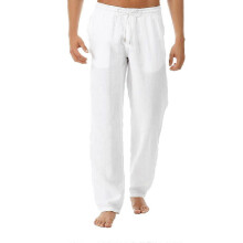 (XL,White)Men Linen Drawstring Pants Elastic Waist Casual Loose Pants