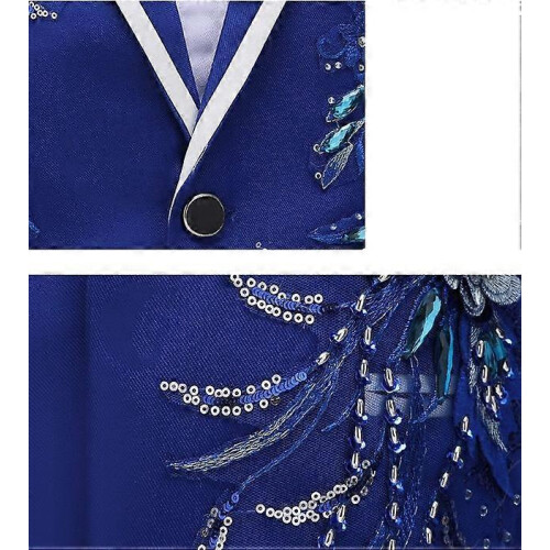 (M,White)Men's Sequin Suits 2 Piece Set One Button Blazer Outfits 2