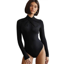 (M,Black)Women's Long Sleeve Bodysuit Ribbed Knit Slim Fit Casual Basic Stretchy Jumpsuit