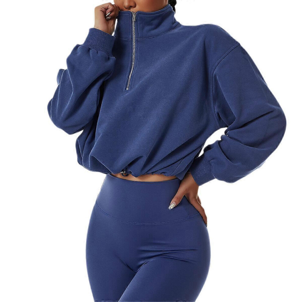 (S,blue)Veste à capuche femme 1/2 Zip Running Athletic Outwear Slim Fit Long Sleeve Pull Rope Top