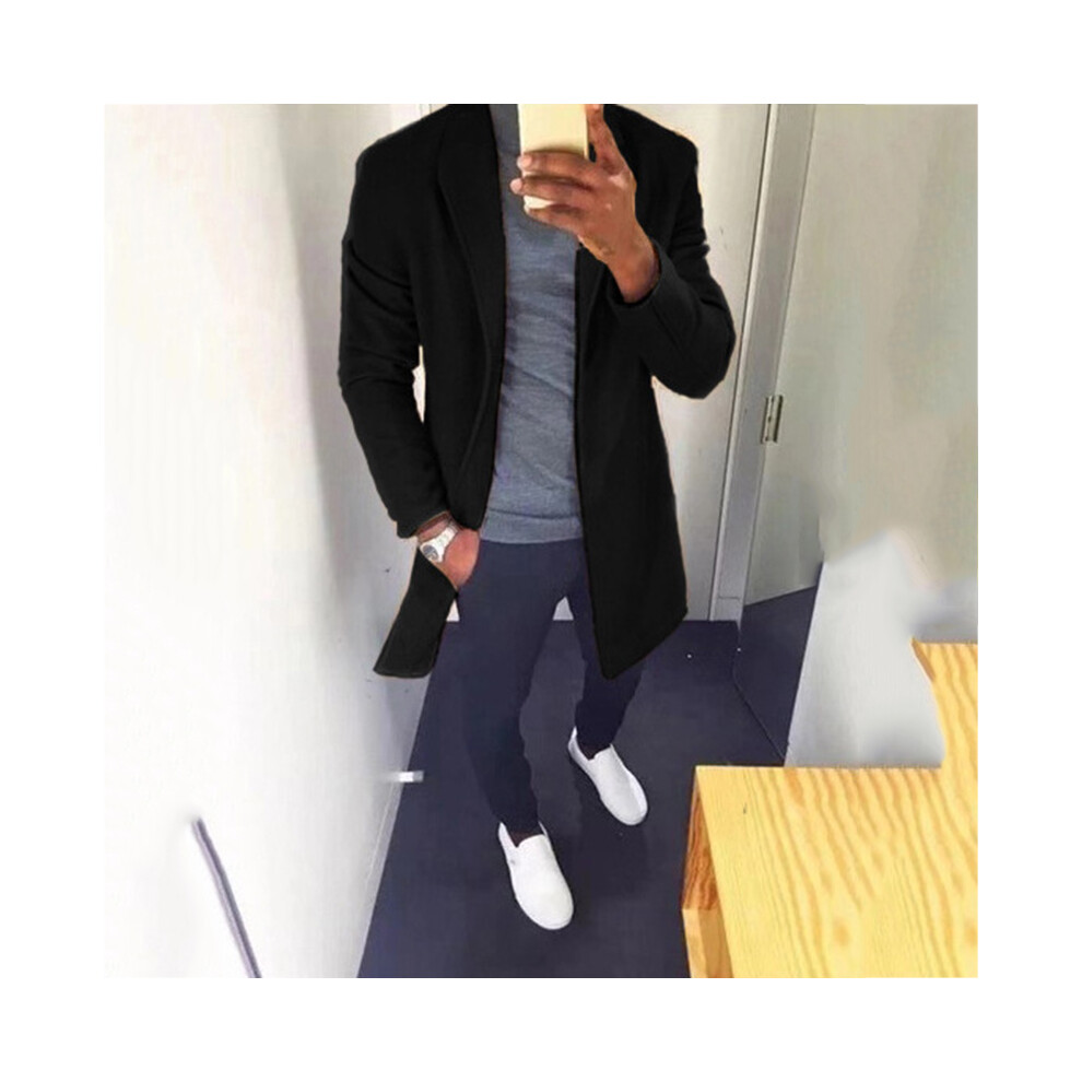 (Black, L) Warm Winter Men Slim Trench Coat Cardigan Outwear Long Overcoat Formal Jacket