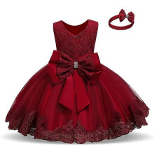 (70,red)Girls Tulle Flower Princess Wedding Dress for Toddlers and Baby Girls