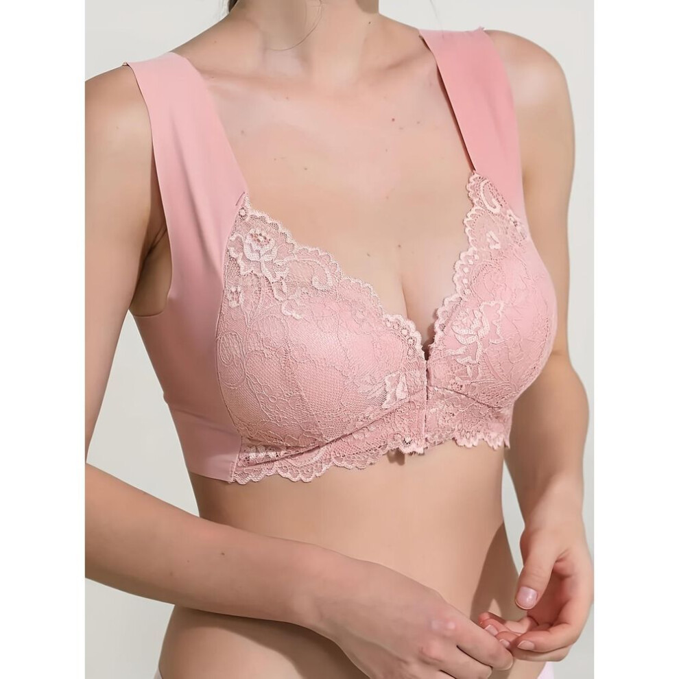 (pink, L) Simple Solid Contrast Lace Front Buckle Bra, Comfy & Breathable Wireless Push Up Bra, Women&apos;s Lingerie & Underwear