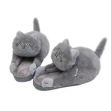 (Grey)Cat Plush Slippers Cotton Cute Pet Spoof Dirty-resistant Cotton Slippers