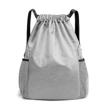 (S,Grey)Backpack String Bag Sackpack Water Resistant Nylon For Gym Shopping Sport Yoga Bag