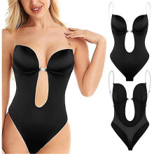 (M,Black)Women Plunging Deep V-neck Body Shaper Strapless Backless Bodysuit Shapewear