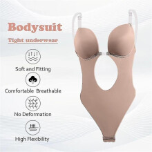 (S,Beige)Women Plunging Deep V-neck Body Shaper Strapless Backless Bodysuit Shapewear