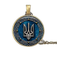 (Gold)3pcs Tryzub Ukraine Necklace Vintage Symbol Pattern Glass Cabochon Metal Pendant Necklace Women Men