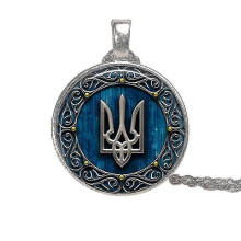 (White)3pcs Tryzub Ukraine Necklace Vintage Symbol Pattern Glass Cabochon Metal Pendant Necklace Women Men