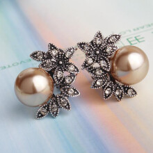 (Coffee) Gorgeous Rhinestone New Pearl Stud Earrings For Bridal Wedding White Gold Plated