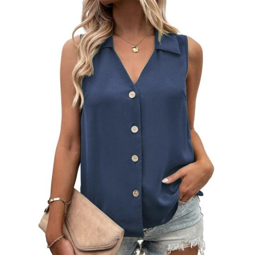 (XL, dark blue) Women Summer T-Shirt Vest Casual Solid Color Tank Top Oversize V-Neck Sleeveless Button Single-breasted Mid Length Soft Breathable Female Clothes