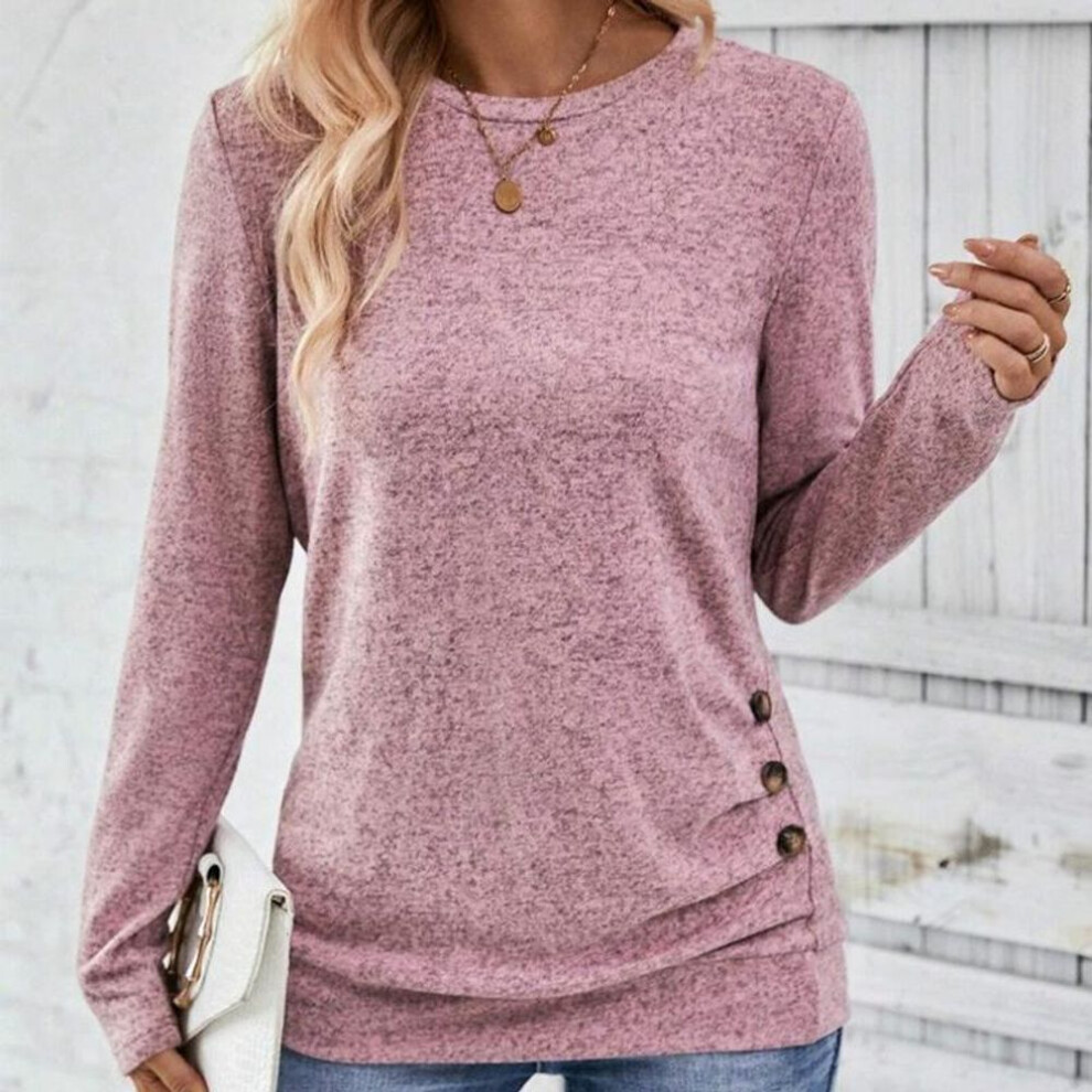 (L, pink) Button Decor Ruched T-shirt, Casual Long Sleeve Top For Spring & Fall, Women&apos;s Clothing
