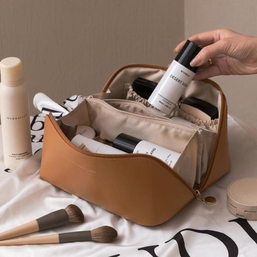 (brown) Large Travel Cosmetic Bag For Women Leather Makeup Organizer Female Toiletry Kit Bags Make Up Case Storage Pouch Luxury Lady Box