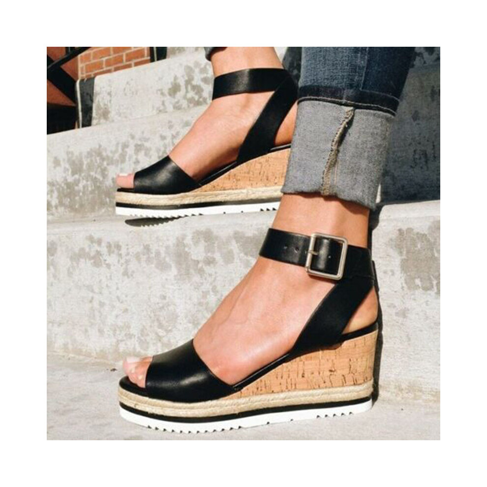(Black, EU38) Ankle Strap Womens Open Toe Platform Wedges Sandals Ladies Shoes Summer Flatform