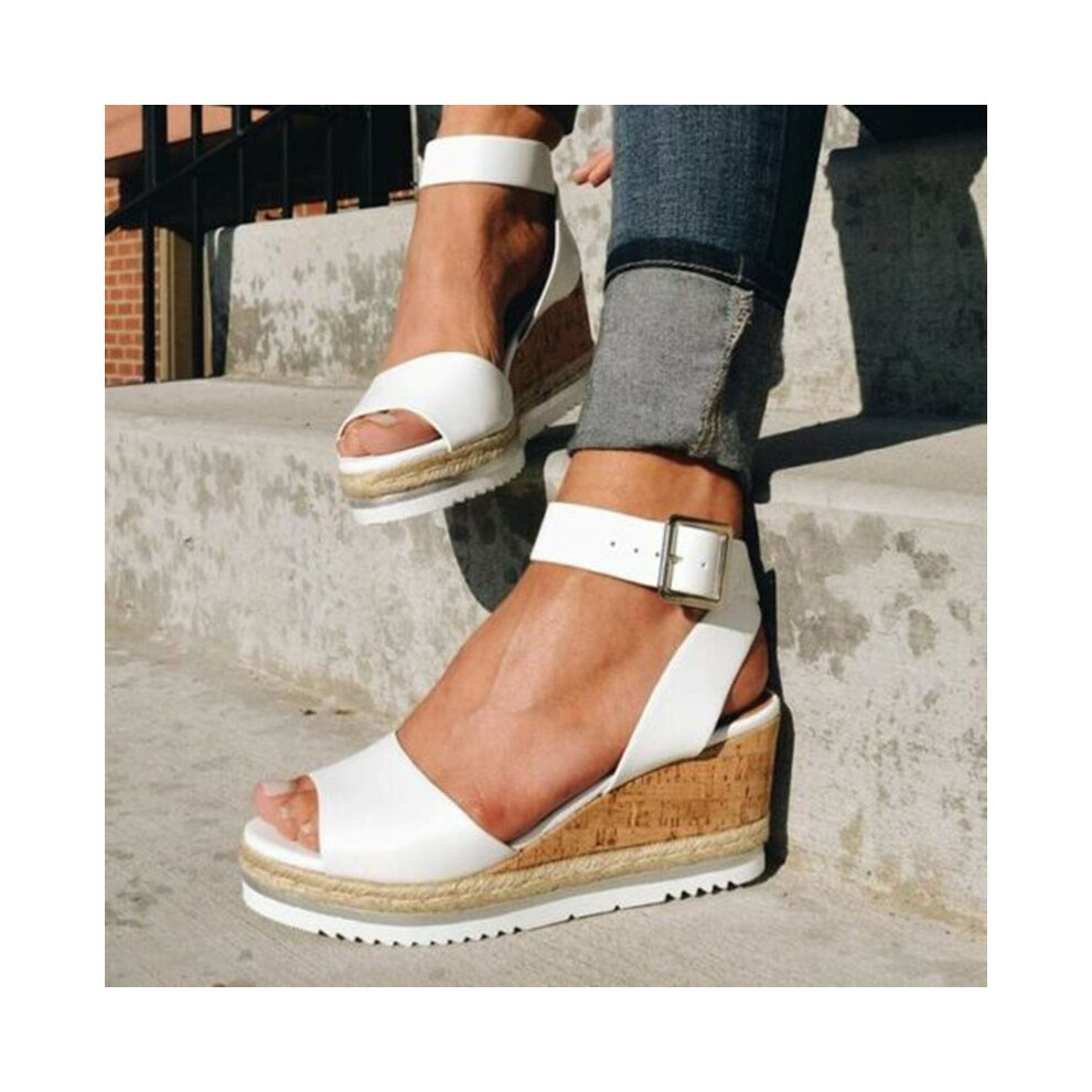 (White, EU39) Ankle Strap Womens Open Toe Platform Wedges Sandals Ladies Shoes Summer Flatform