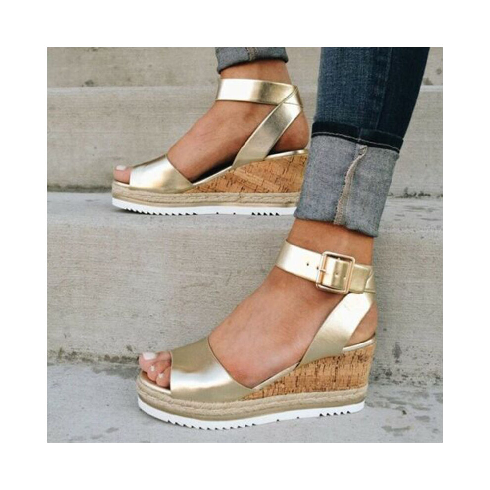 (Gold, EU39) Ankle Strap Womens Open Toe Platform Wedges Sandals Ladies Shoes Summer Flatform
