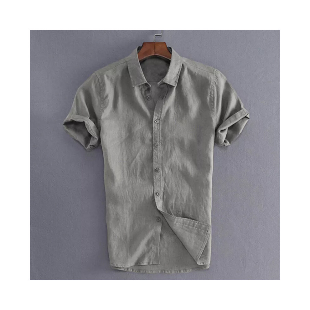 (Gray, 2XL) Short Mens Luxury Sleeve Casual Loose Linen Tshirt Dress Shirt Tops Blouse Tee