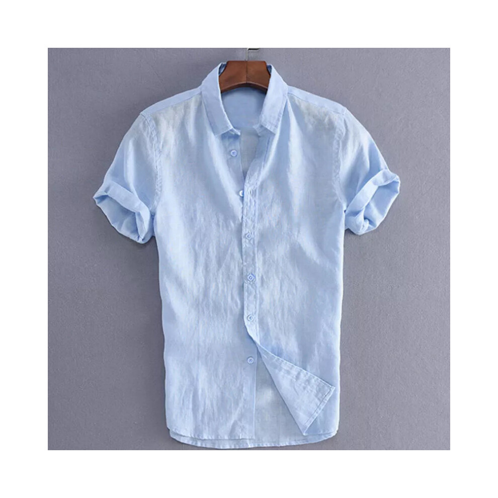 (Blue, XL) Short Mens Luxury Sleeve Casual Loose Linen Tshirt Dress Shirt Tops Blouse Tee