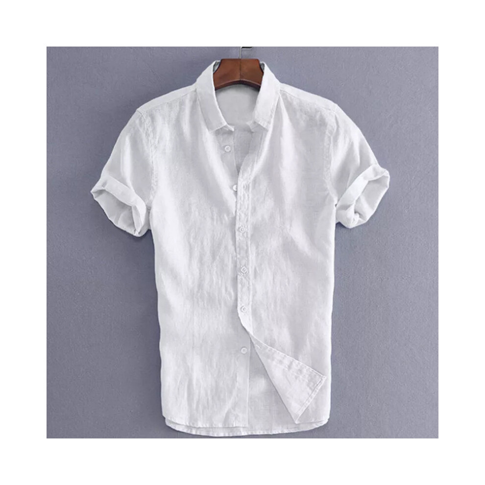 (White, 2XL) Short Mens Luxury Sleeve Casual Loose Linen Tshirt Dress Shirt Tops Blouse Tee