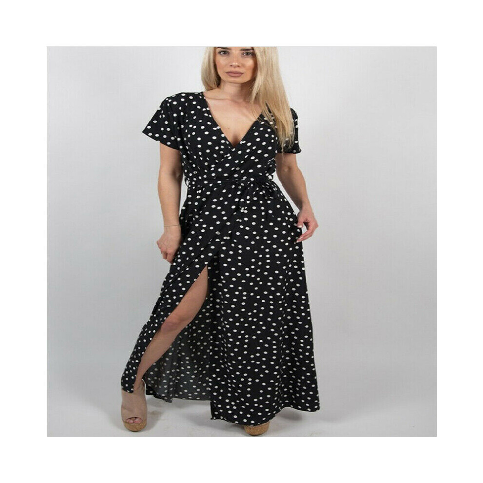 (Black, 5XL) Holiday Polka Womens Dots Slit Ladies Maxi Long Summer Beach Print Dress-image-OPC-PFZKCJ2-NEW