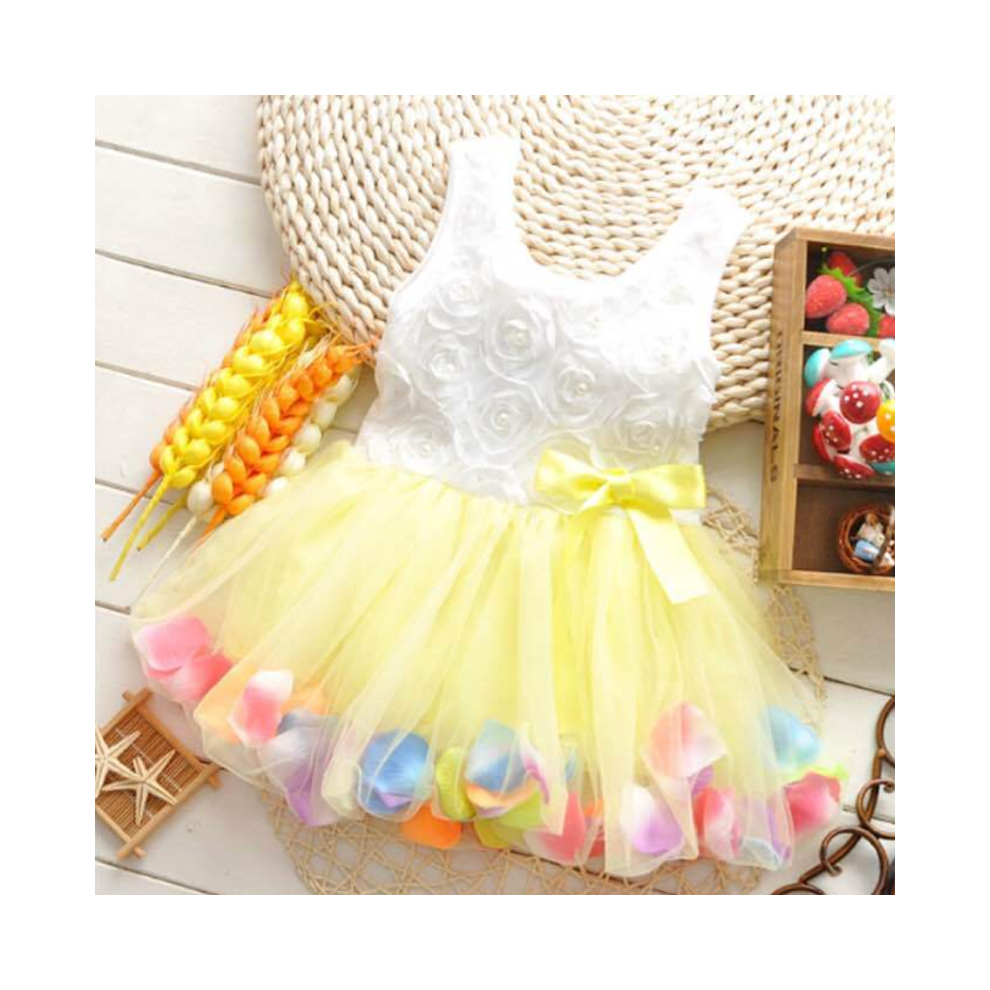 (Yellow, 12(3-4Y)) Summer Baby Girl Sleeveless Dress Flower Rose Petal Hem Mesh Tutu Skirt Dress