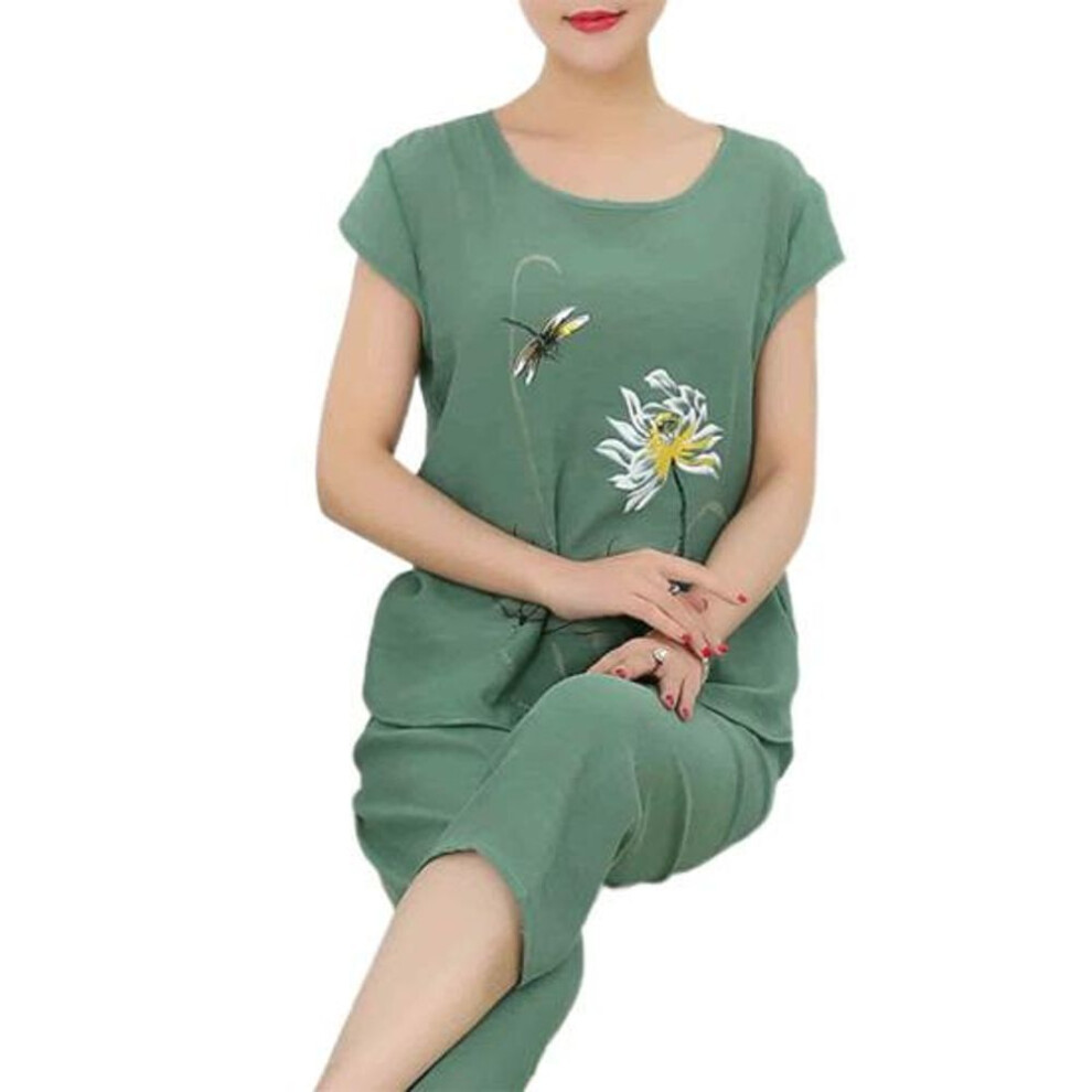 (4XL, green) ELadies 1 Set T-shirt Pants Short Sleeve Loose Two-piece Floral Animal Print Sleepwear Set for Middle-aged