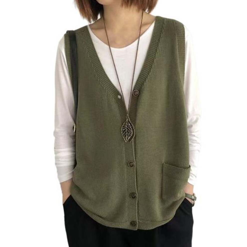 (green) Women Knitting Vest V-Neck Sleeveless Single Breasted Warm Waistcoat Solid Color Loose Fit Knitted Tank Tops with Pockets
