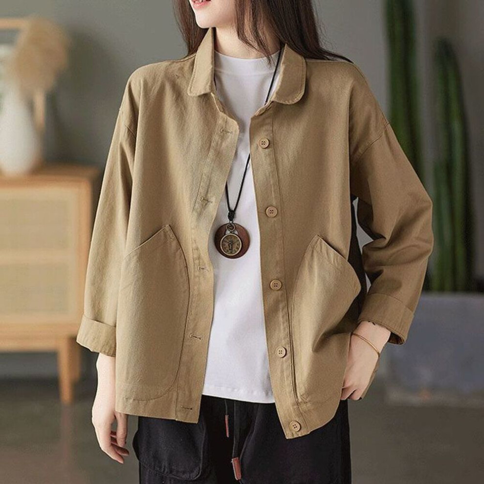 (XXXL, khaki) Spring and Autumn Season Art Retro Simple Twill Cotton Solid Pocket Single Breasted Loose and Versatile Women&apos;s Shirt Coat